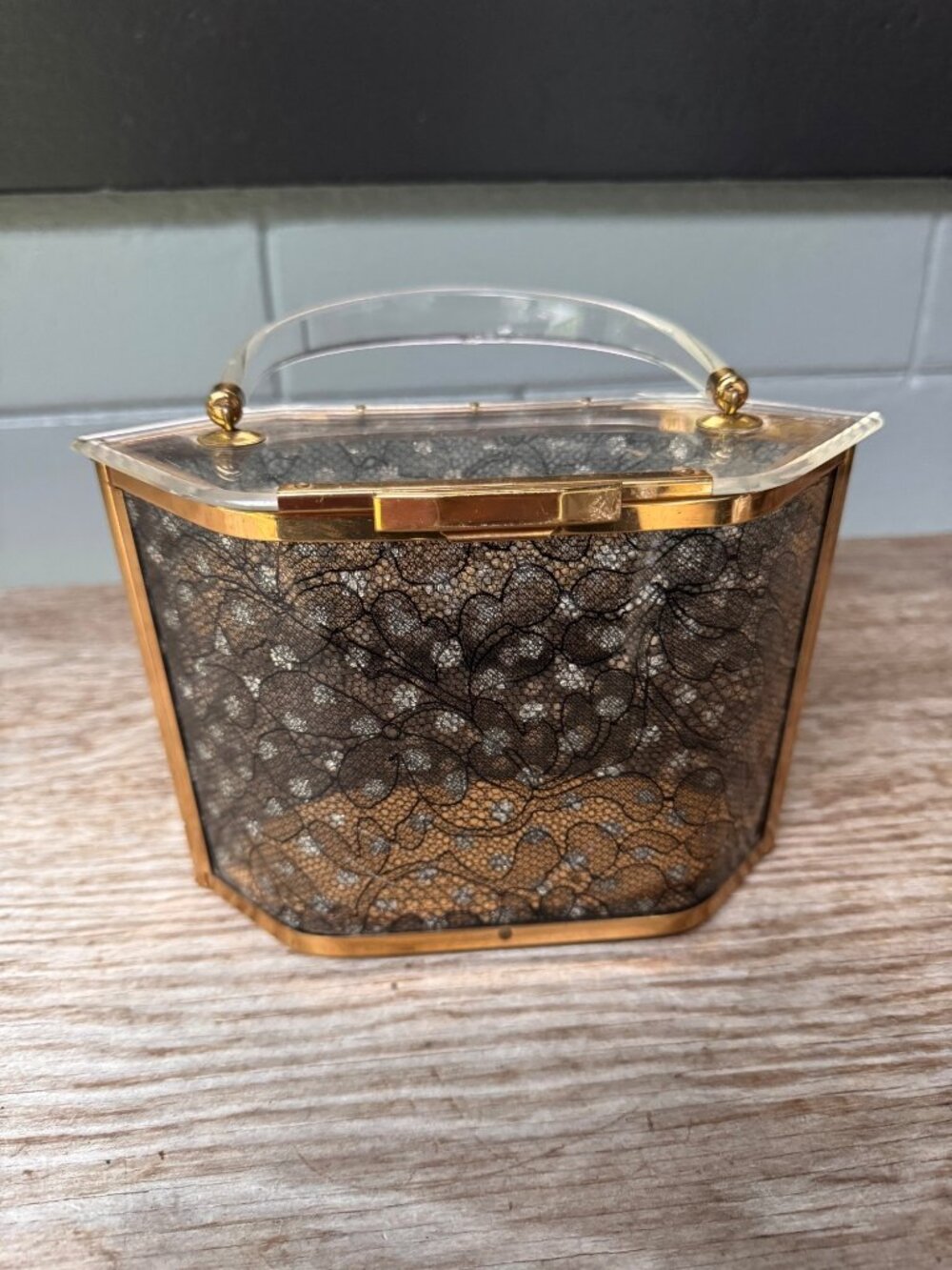 Majestic Lucite Box Purse Black Lace Gold Tone Vintage 1950s Evening Handbag